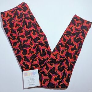 NWT LuLaRoe OS Leggings Black with Multi-Colored Hummingbird One Size, Stretchy